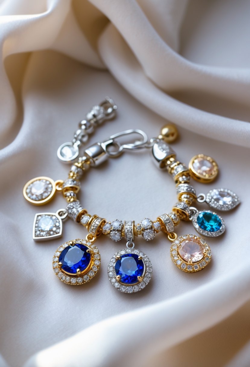 Close-up of a custom charm bracelet with sparkling stones from old wedding rings displayed on a soft fabric background.