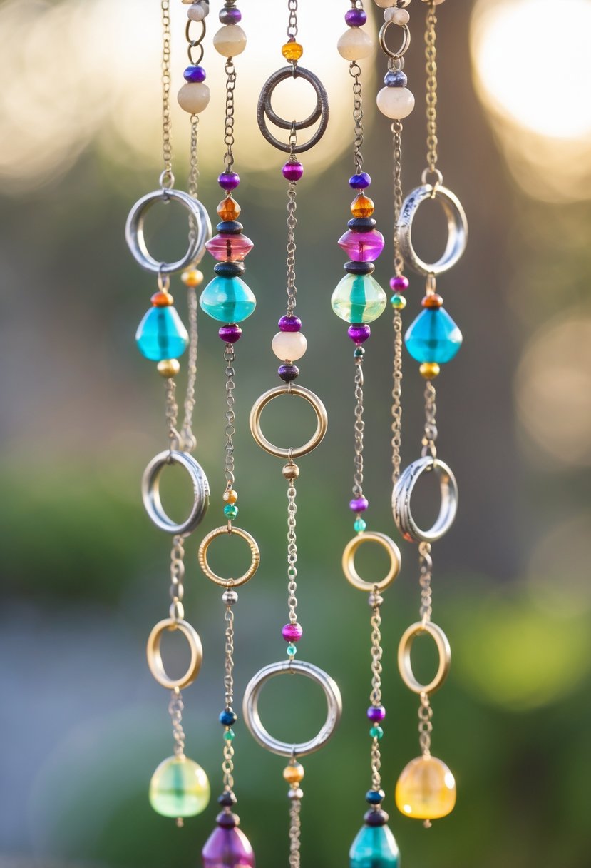 A wind chime made from linked wedding rings, decorated with beads and chains, hanging against a softly blurred background.
