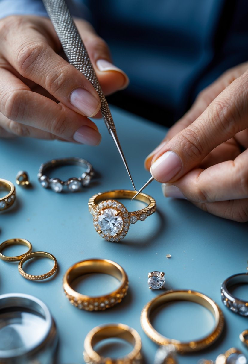 A jeweler resetting gemstones into a new ring on a workbench with tools and old wedding rings nearby.