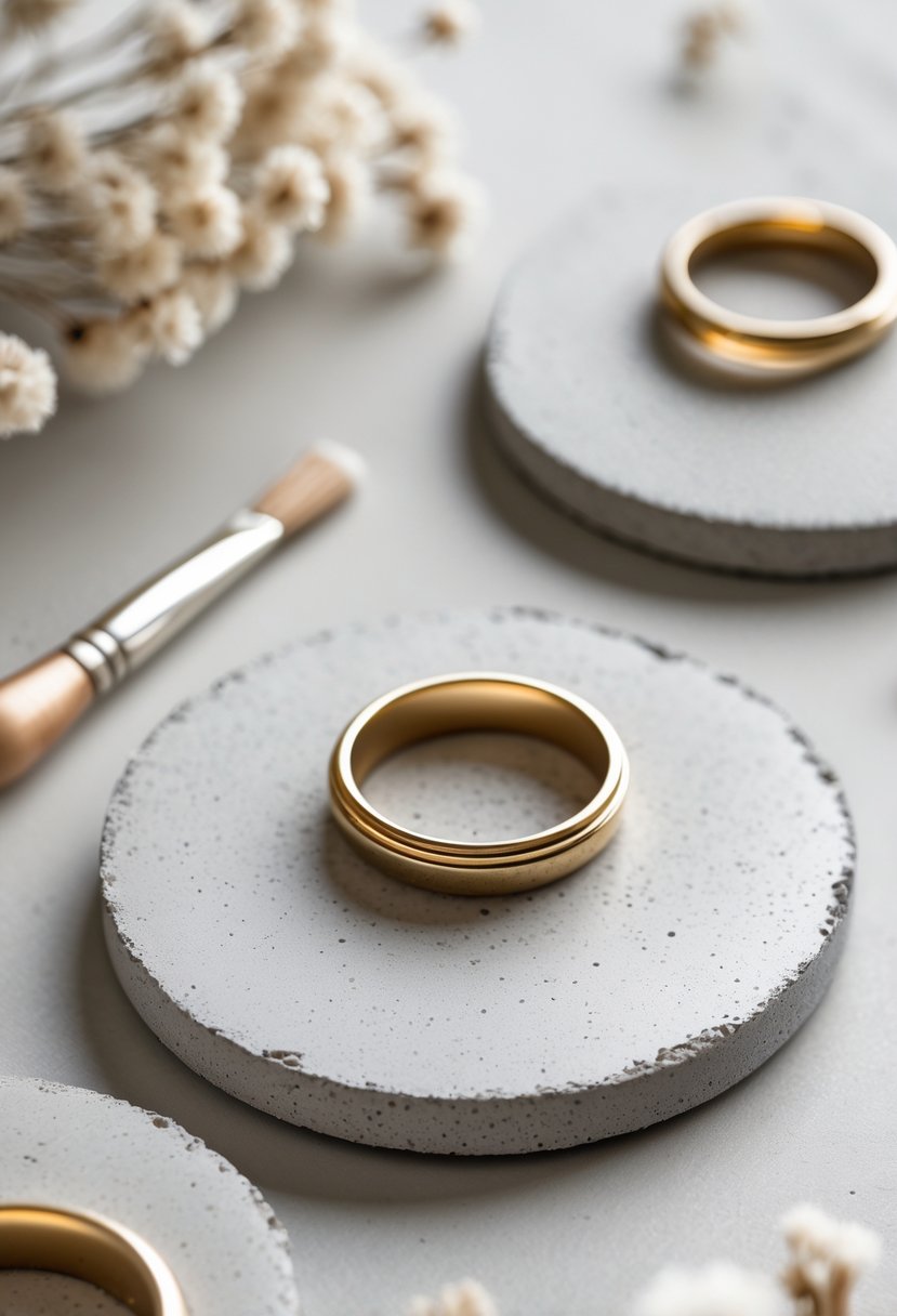 Close-up of concrete coasters with embedded gold wedding rings placed on a neutral surface with craft tools nearby.