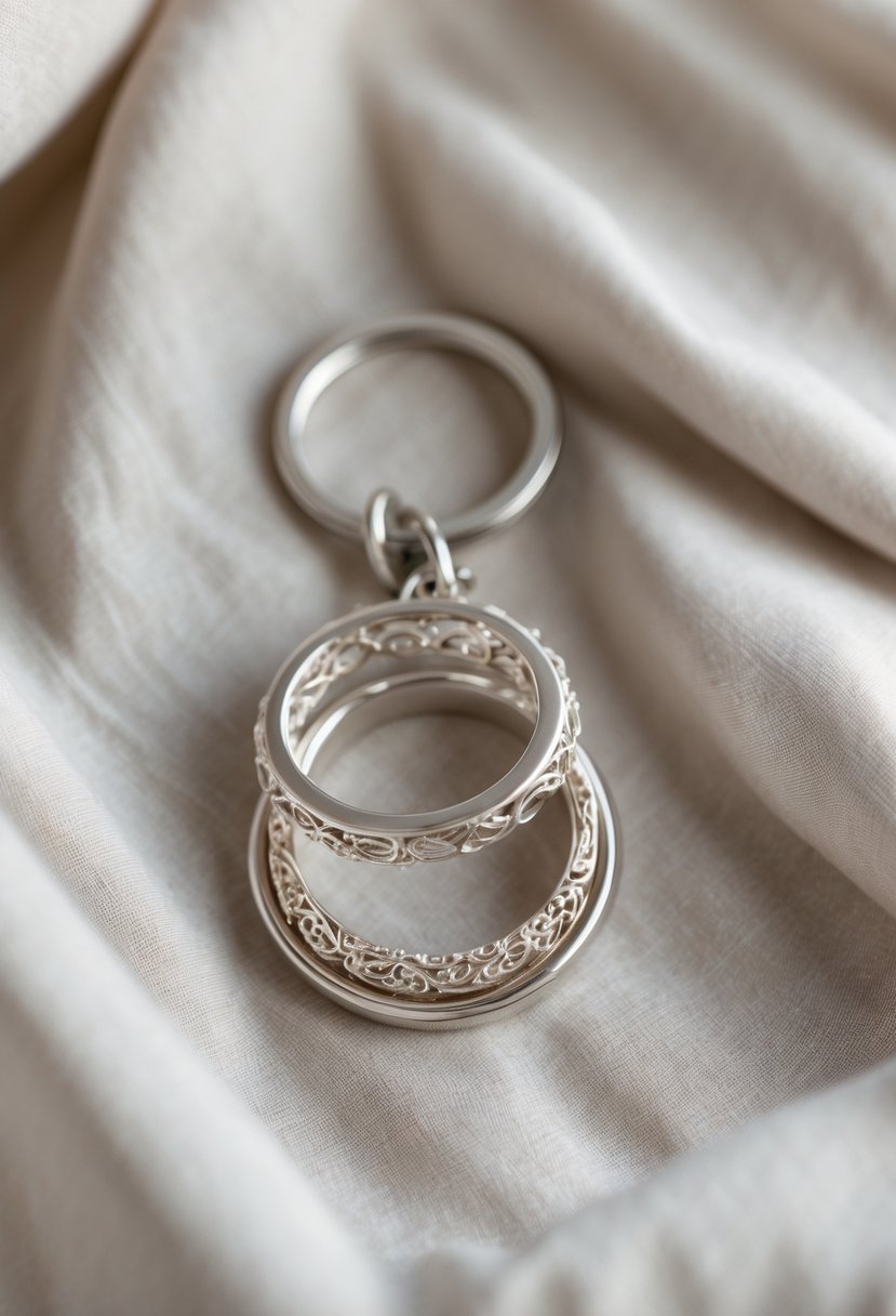 A close-up of a silver keychain shaped like an elegant wedding ring placed on a soft fabric surface.