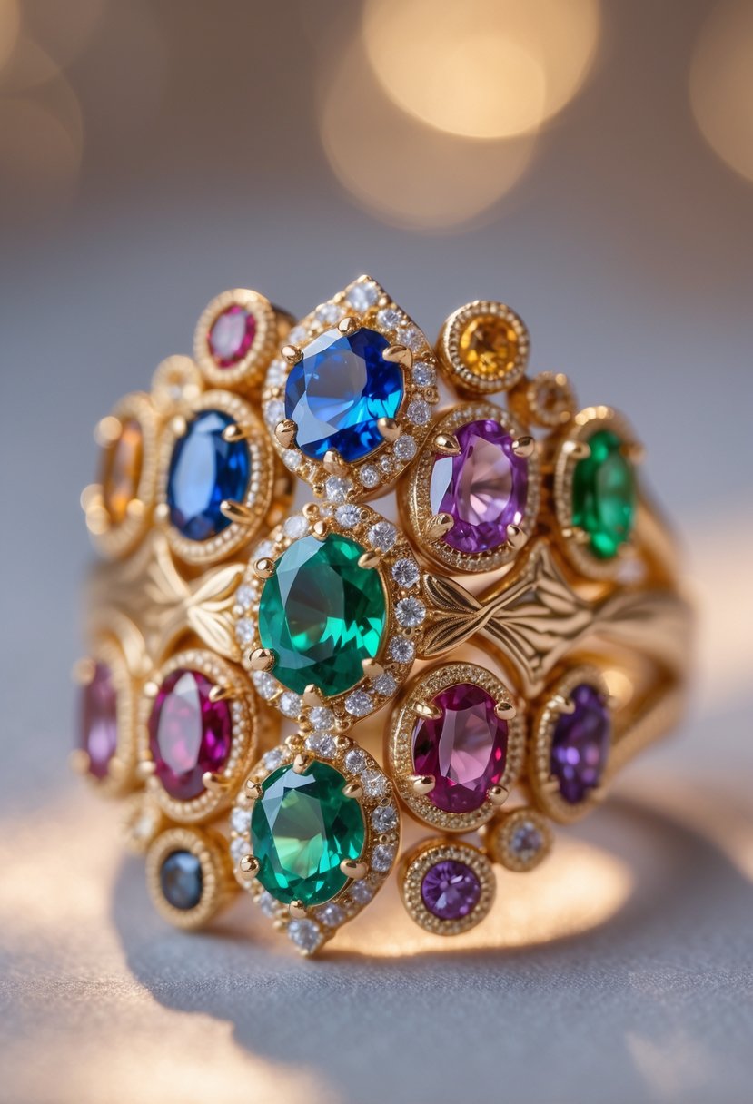 A close-up of a gold wedding ring adorned with multiple colorful birthstone gems set around the band.