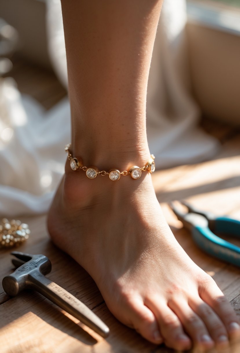 Close-up of a delicate anklet charm made from old wedding rings worn on a person's ankle with crafting tools nearby.