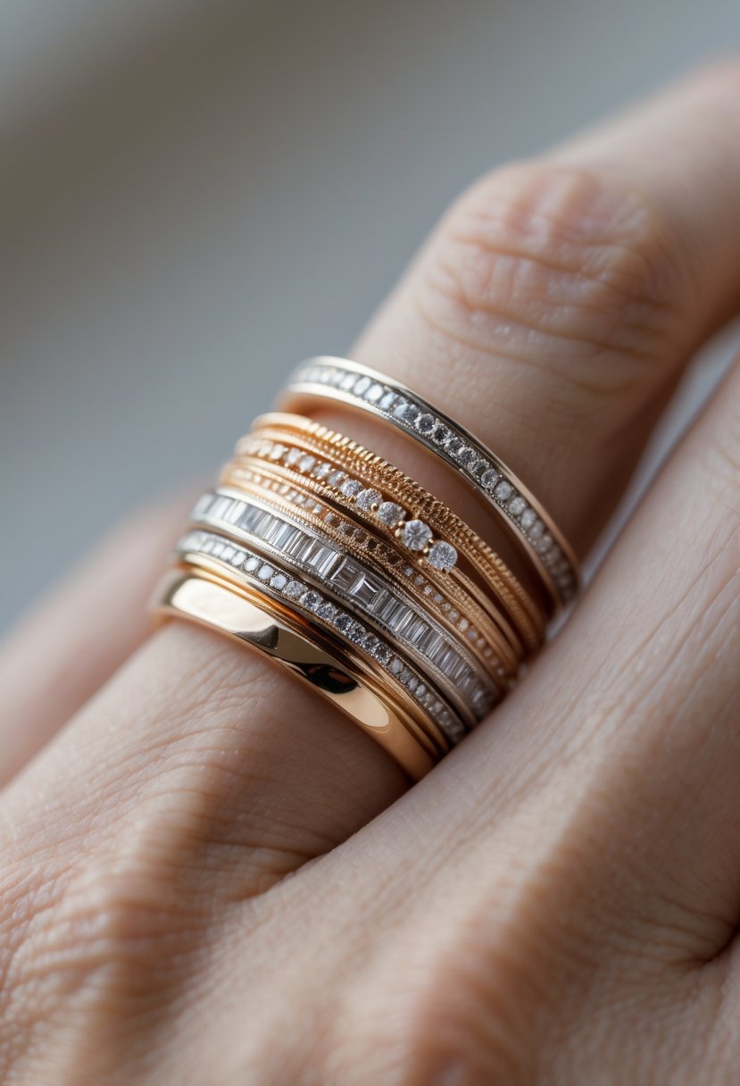 Close-up of a hand wearing a multi-band statement ring made from several combined old wedding rings.