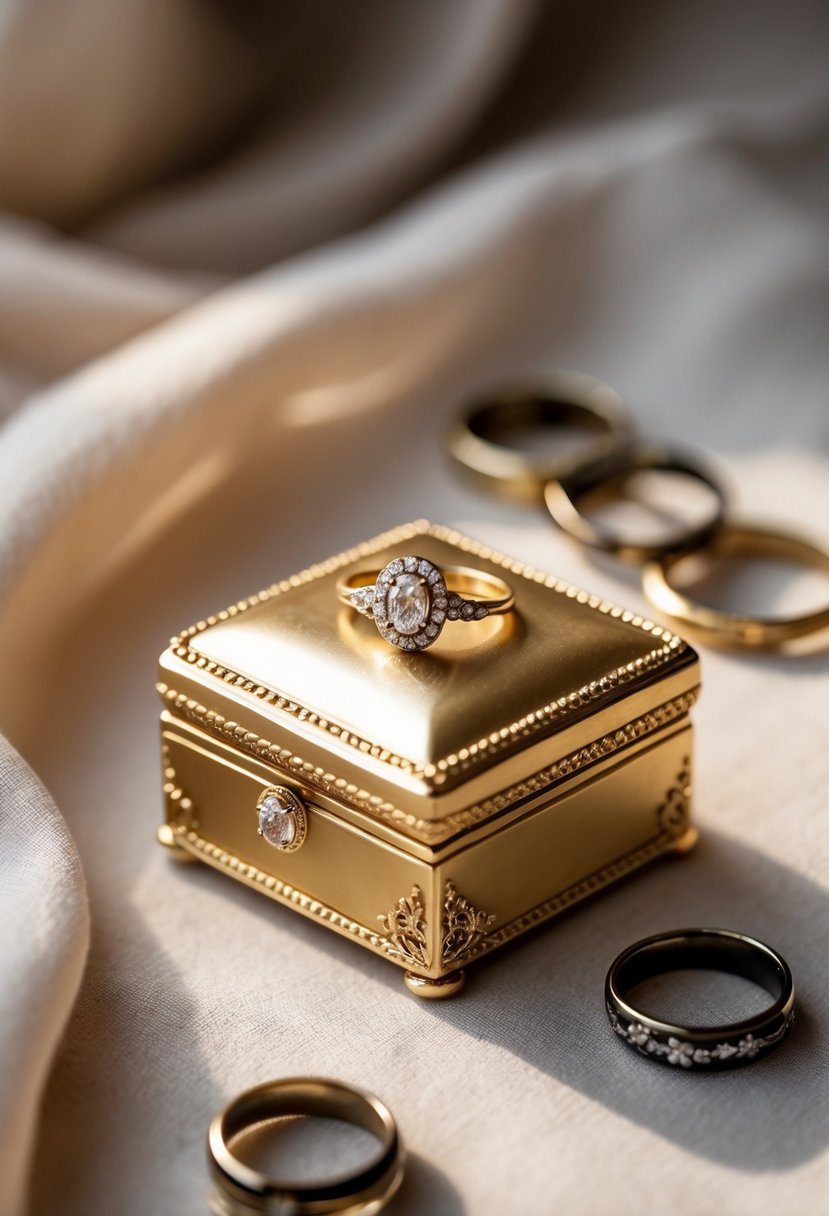A small gold decorative box designed to hold old wedding rings, surrounded by vintage rings on a soft fabric surface.