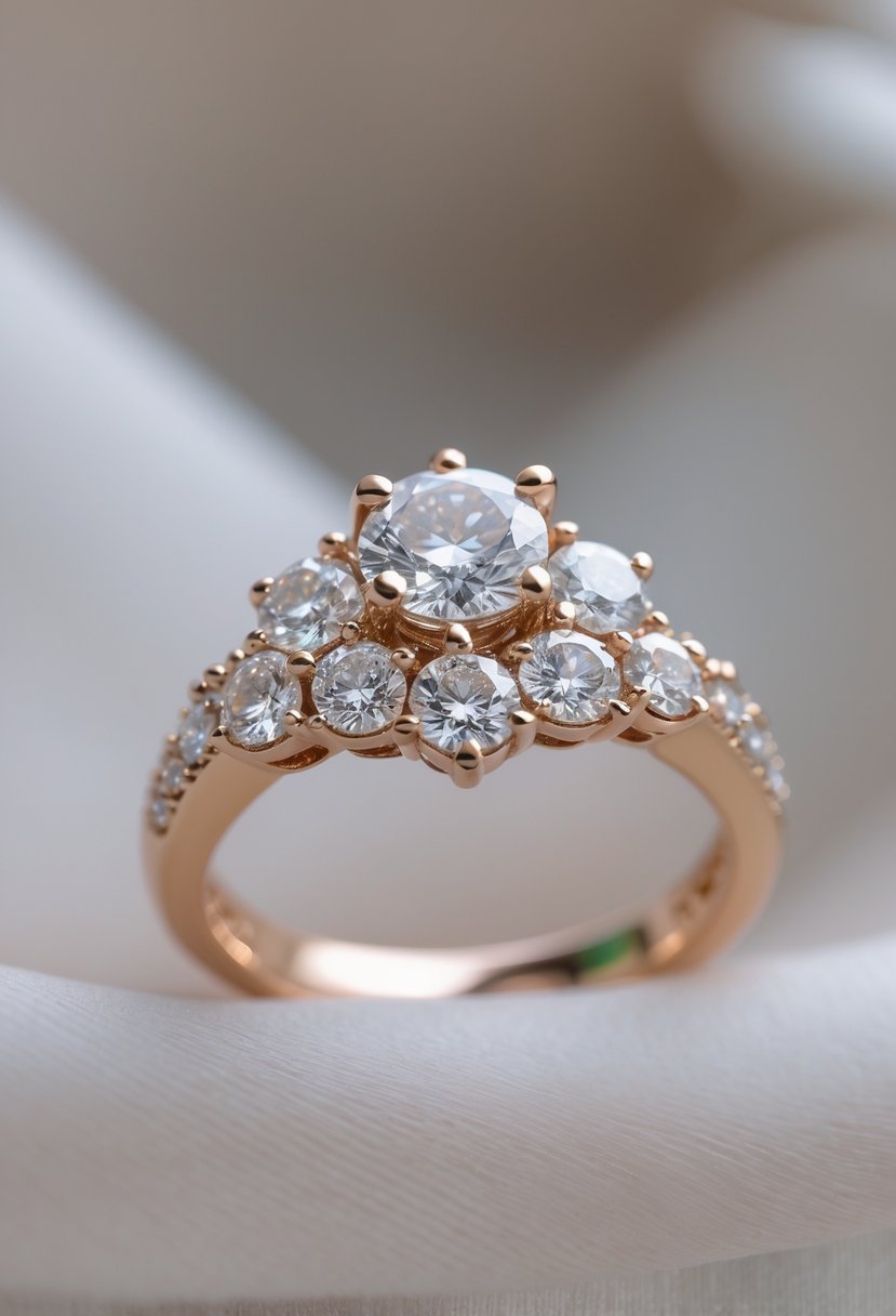 Close-up of a new engagement ring with sparkling diamonds set into a polished metal band.