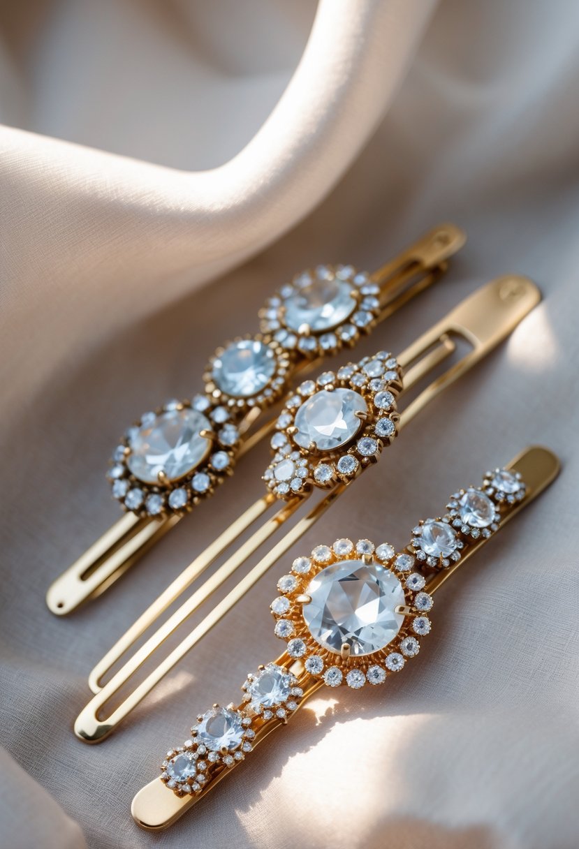Close-up of hairpins and barrettes decorated with sparkling stones from old wedding rings arranged on soft fabric.