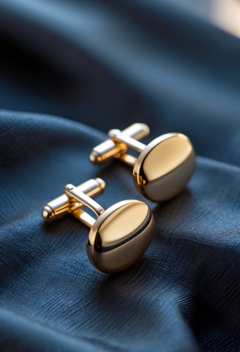 A pair of gold cufflinks displayed on a dark fabric background.
