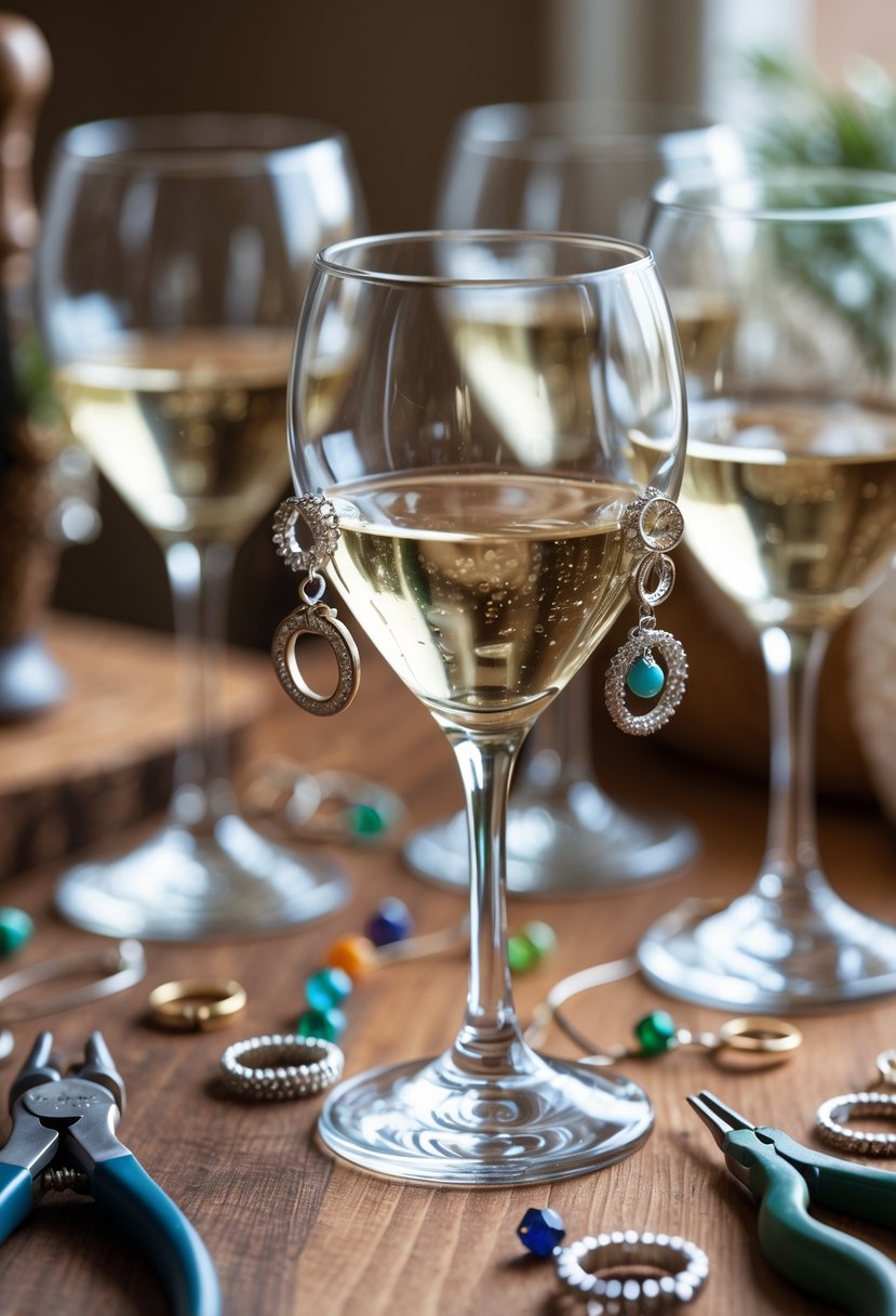 Close-up of wine glasses decorated with personalized charms made from old wedding rings on a wooden table with crafting tools nearby.