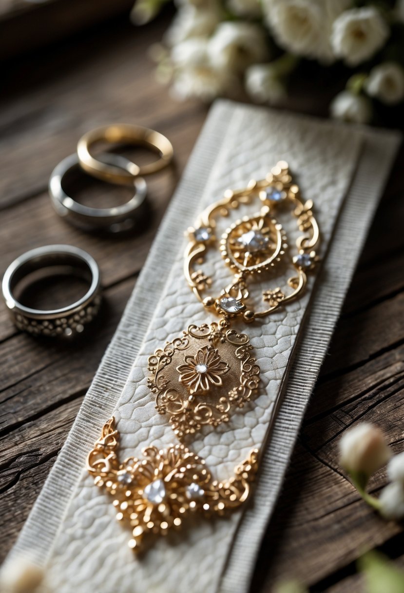 A handcrafted bookmark with metal accents resting on a wooden surface next to old wedding rings.