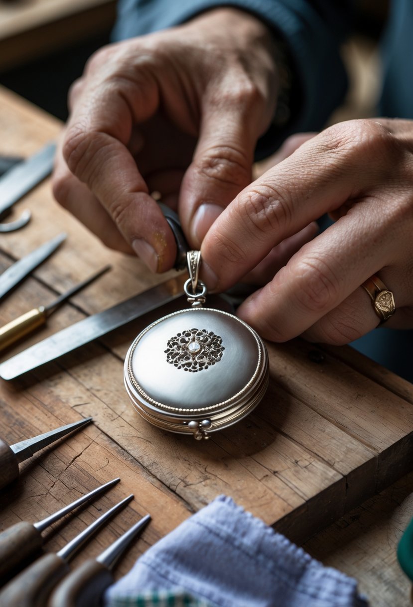 Close-up of hands crafting a personalized locket from an old wedding ring on a jeweler's workbench.