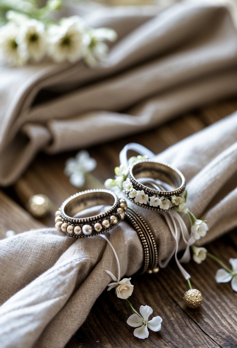 Decorative napkin rings made from old wedding rings placed on a wooden table with folded linen napkins.