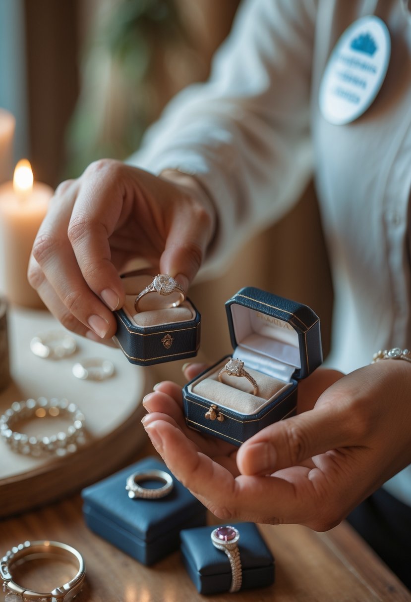 Hands placing an old wedding ring into a jewelry box held by a smiling volunteer at a charity.