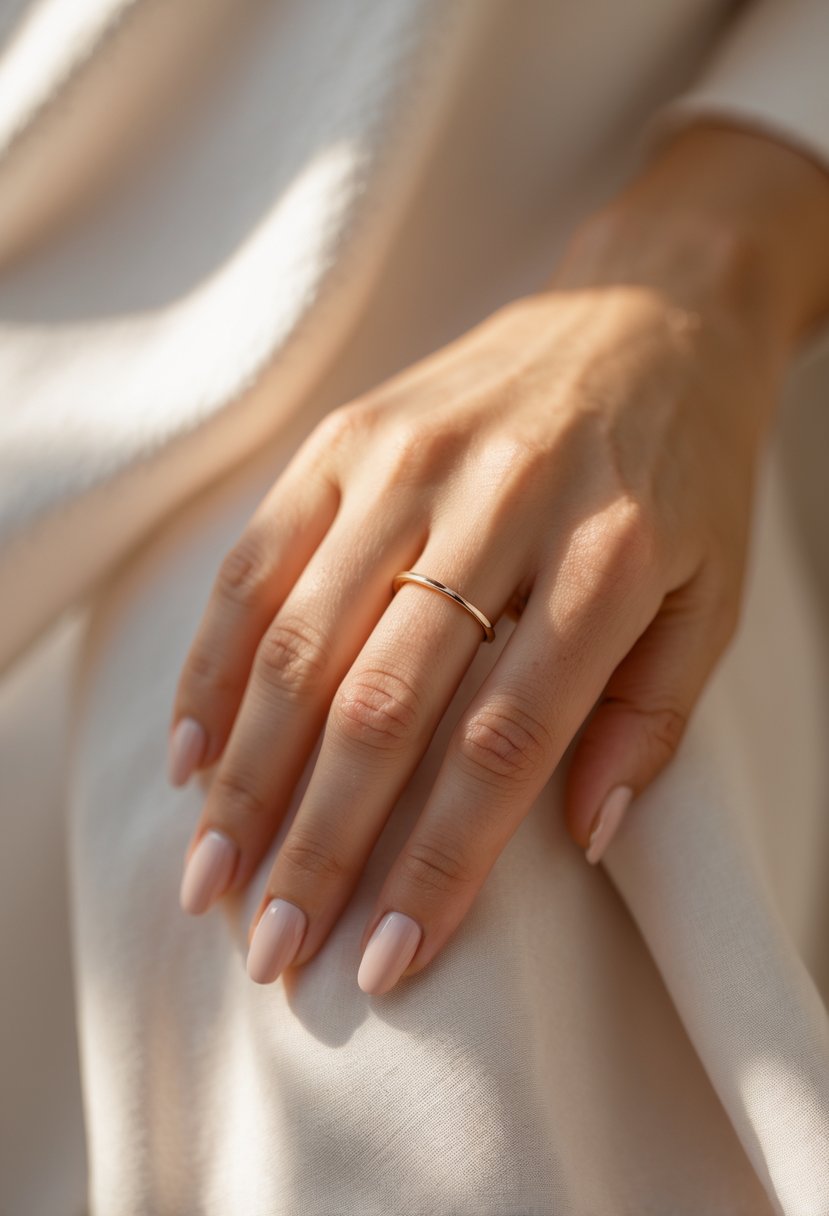 Close-up of a hand wearing a thin gold midi ring on the upper finger against a soft background.