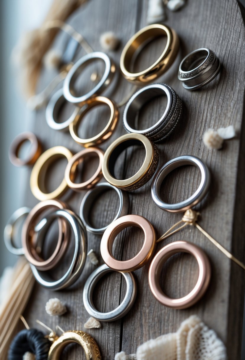Mixed-media wall art made from old wedding rings arranged on a wooden background with craft materials.