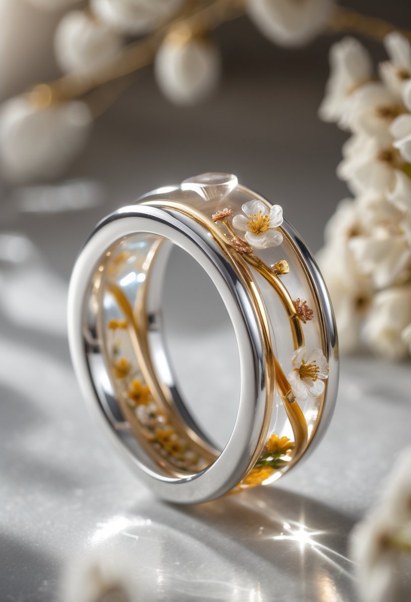 Close-up of a handcrafted jewelry piece combining metal bands and translucent resin with embedded flowers and gemstones.