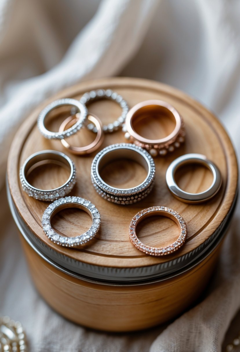 A close-up of a jar lid decorated with flattened old wedding rings arranged in an artistic pattern.
