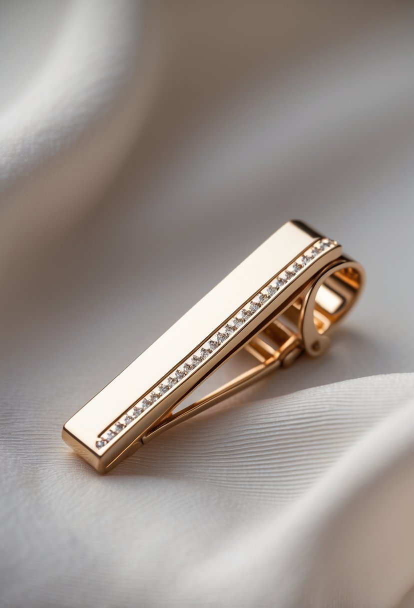 Close-up of a sleek metal tie clip with small stones resting on a soft fabric background.