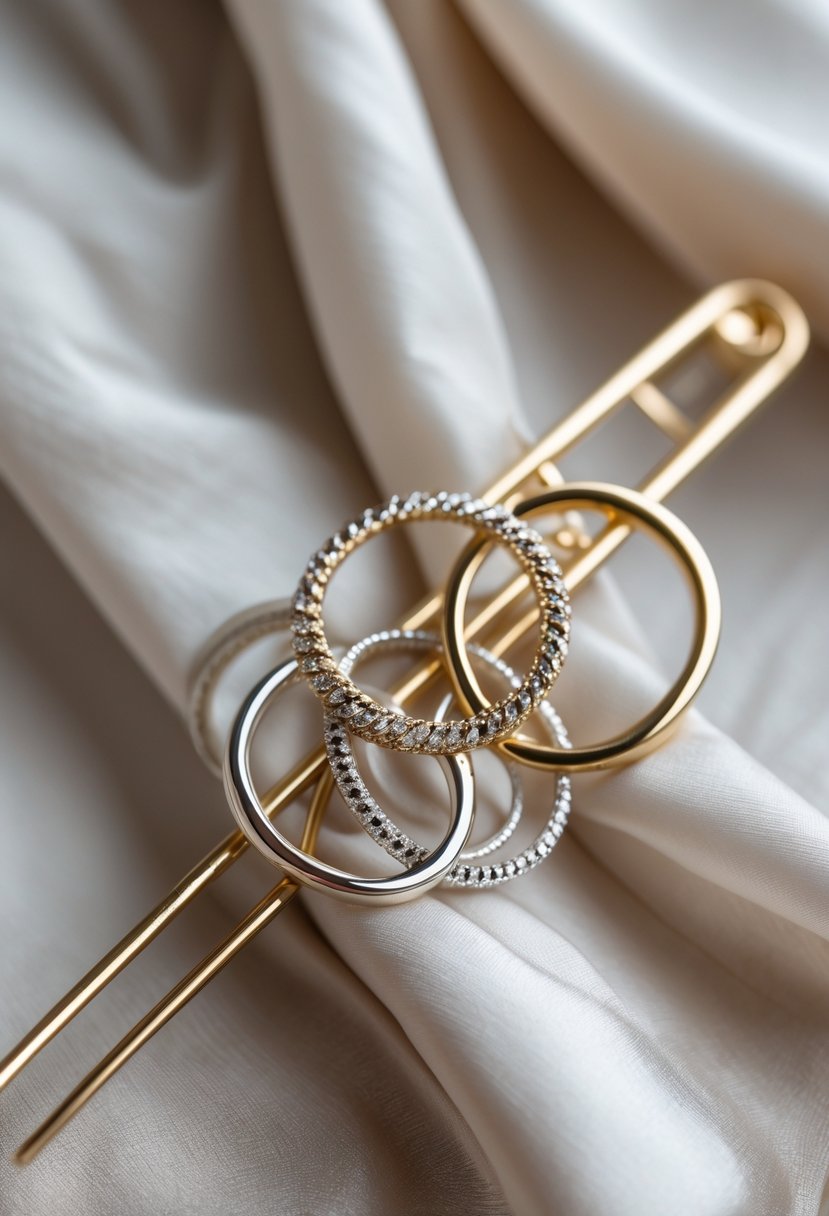 Close-up of an elegant hairpin decorated with intertwined gold and silver ring elements resting on a soft fabric background.