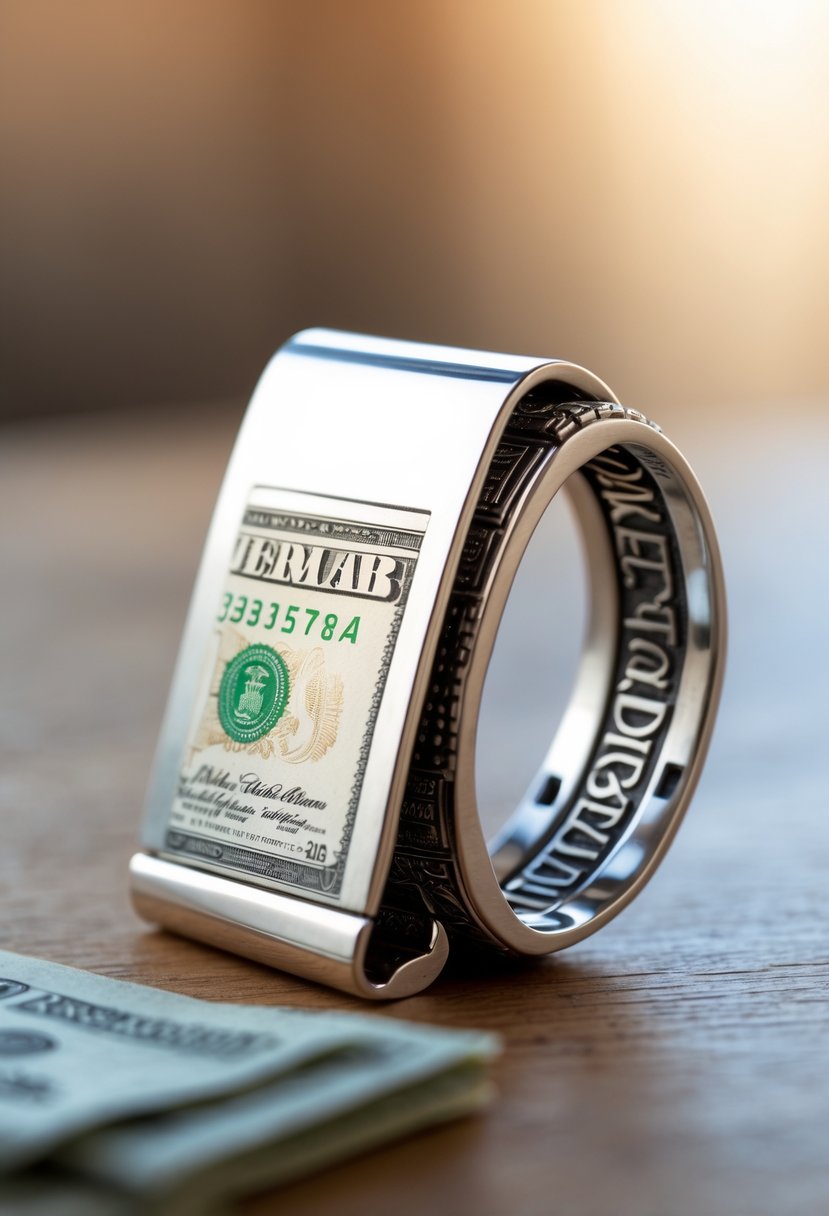 A close-up of a silver money clip holding folded banknotes on a wooden surface.