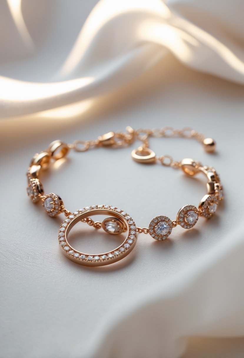 Close-up of a delicate anklet made from old wedding rings with gemstones set into the chain, displayed on a neutral background.
