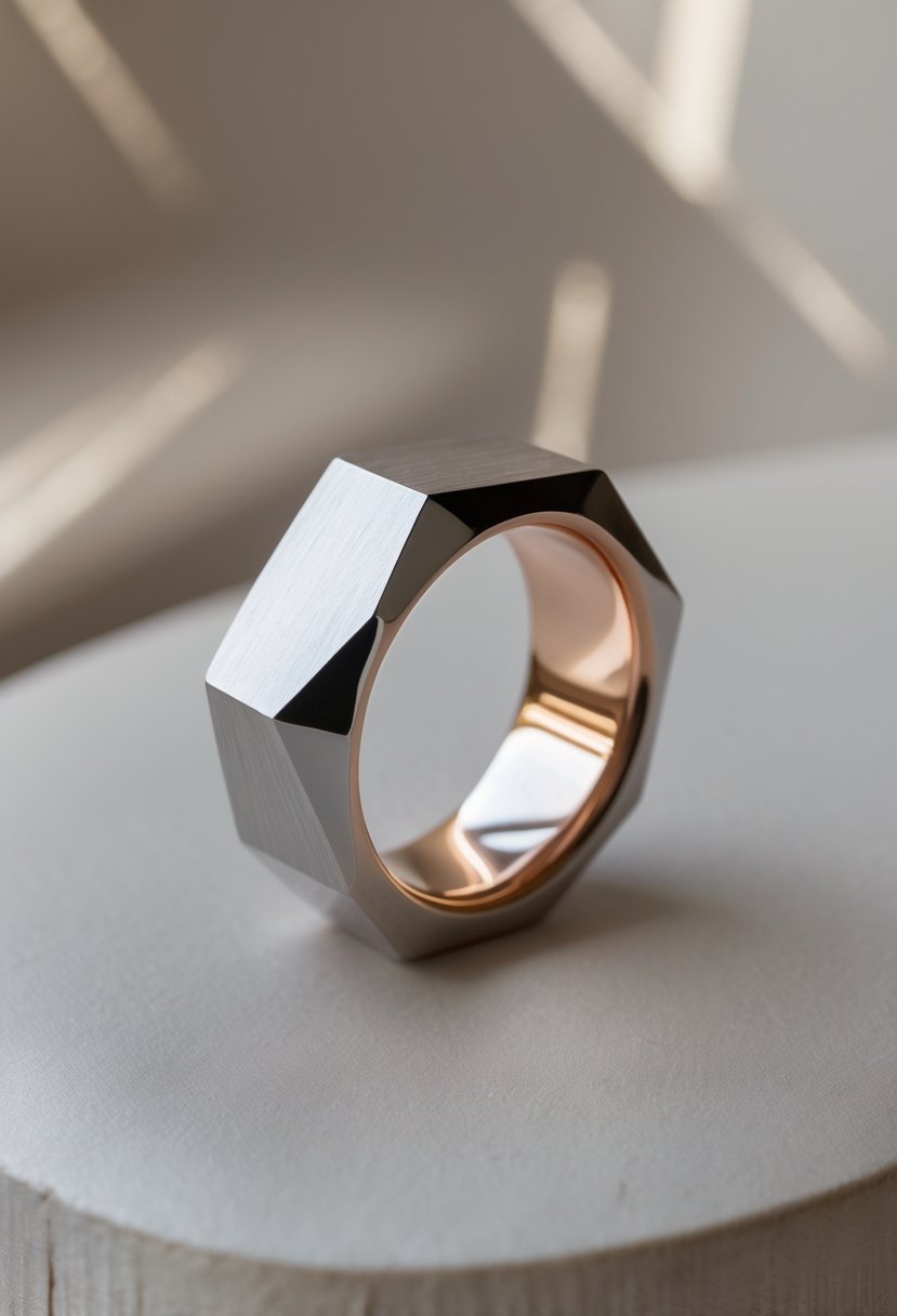 A modern geometric ring displayed on a neutral surface with soft lighting highlighting its detailed design.