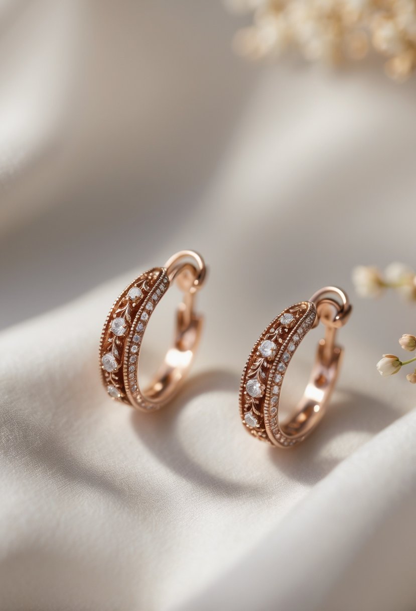 A close-up of a pair of elegant ear climber earrings made from parts of an old wedding ring, displayed on a neutral background.
