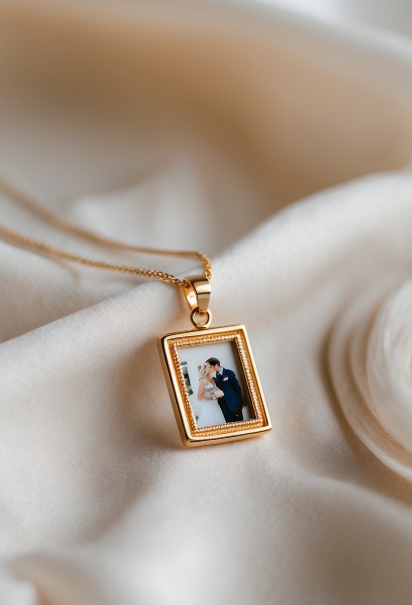 Close-up of a small photo pendant framed by a gold band on a neutral background.