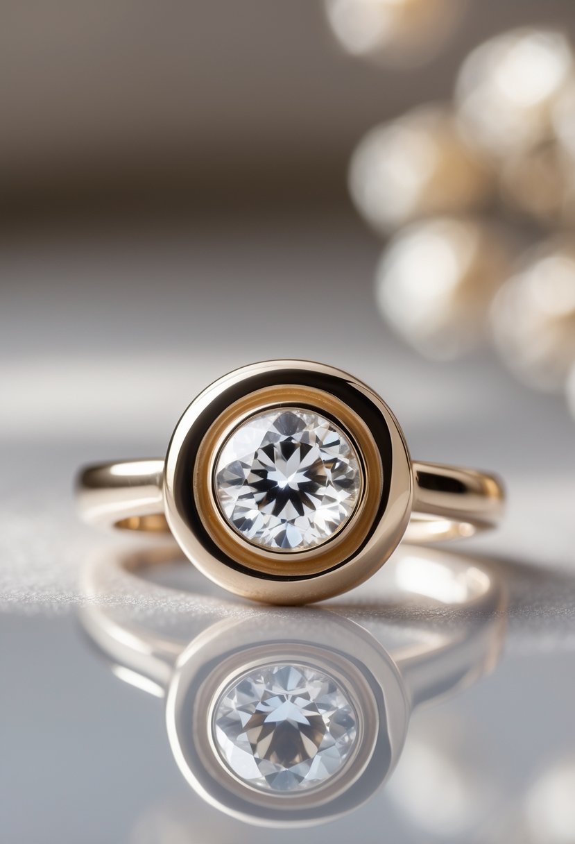 A close-up of a bezel-set ring with a single gemstone on a reflective surface.