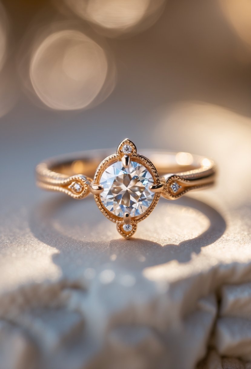 A close-up view of a small cocktail ring with a sparkling main gemstone on a blurred background.