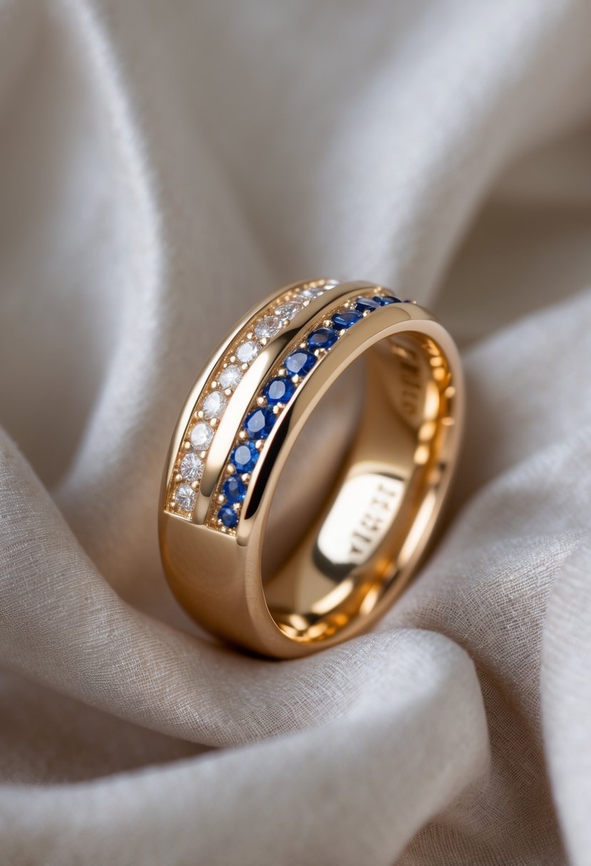 Close-up image of a gold wedding anniversary ring with small gemstones embedded along the band, placed on a soft fabric background.