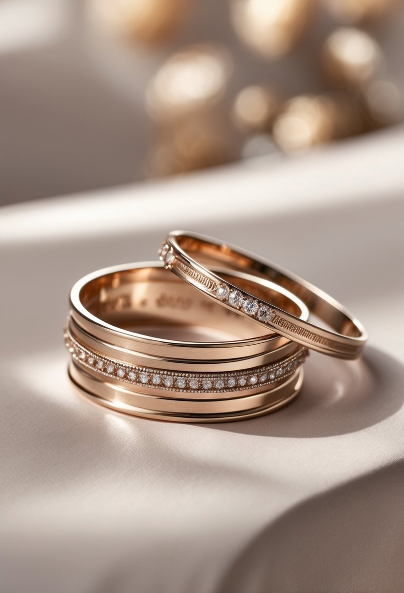 A pair of elegant cuff bracelets made from old wedding rings displayed on a neutral surface with soft lighting.