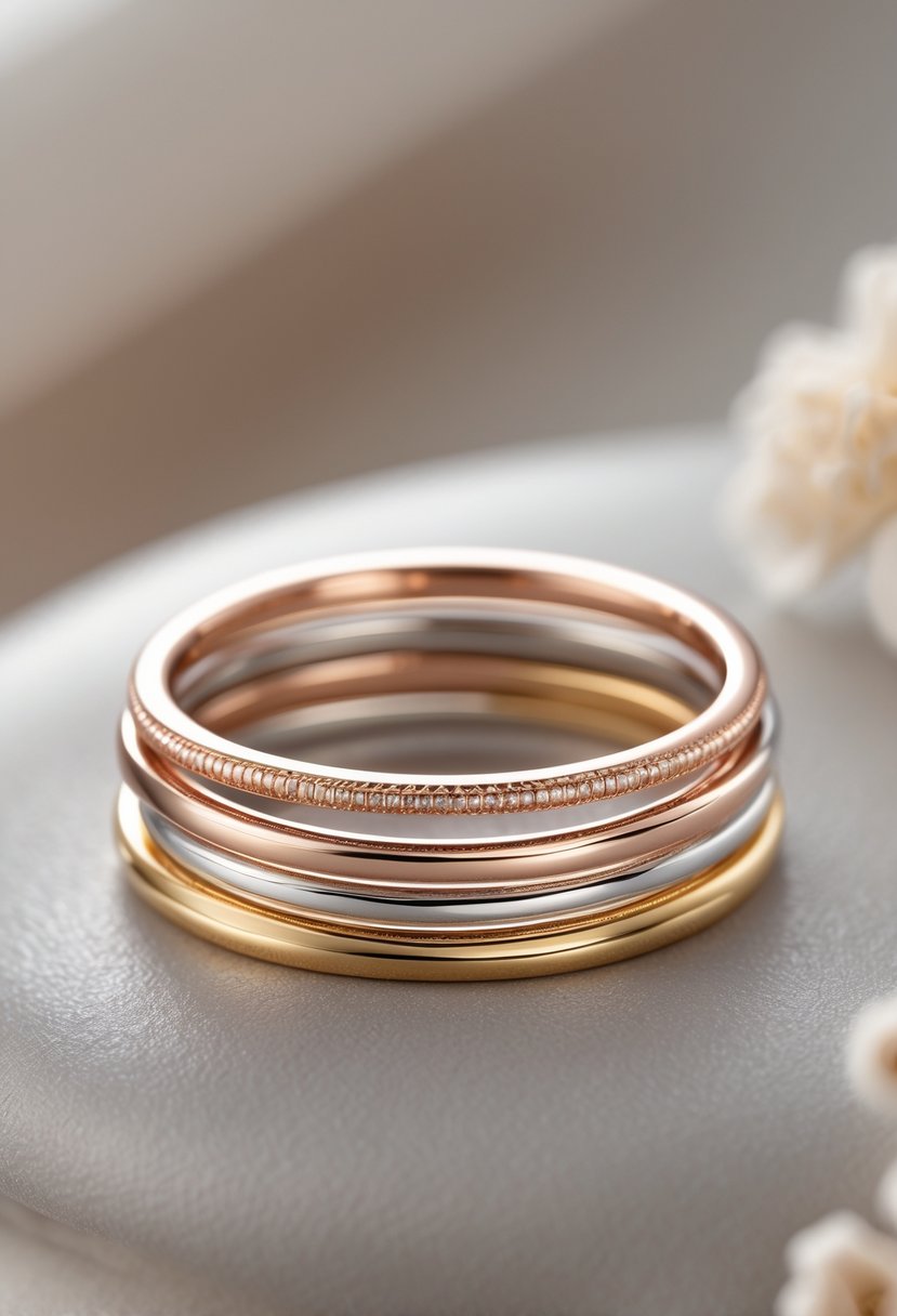 A close-up of a stack of wedding rings made from different metals arranged on a smooth surface.