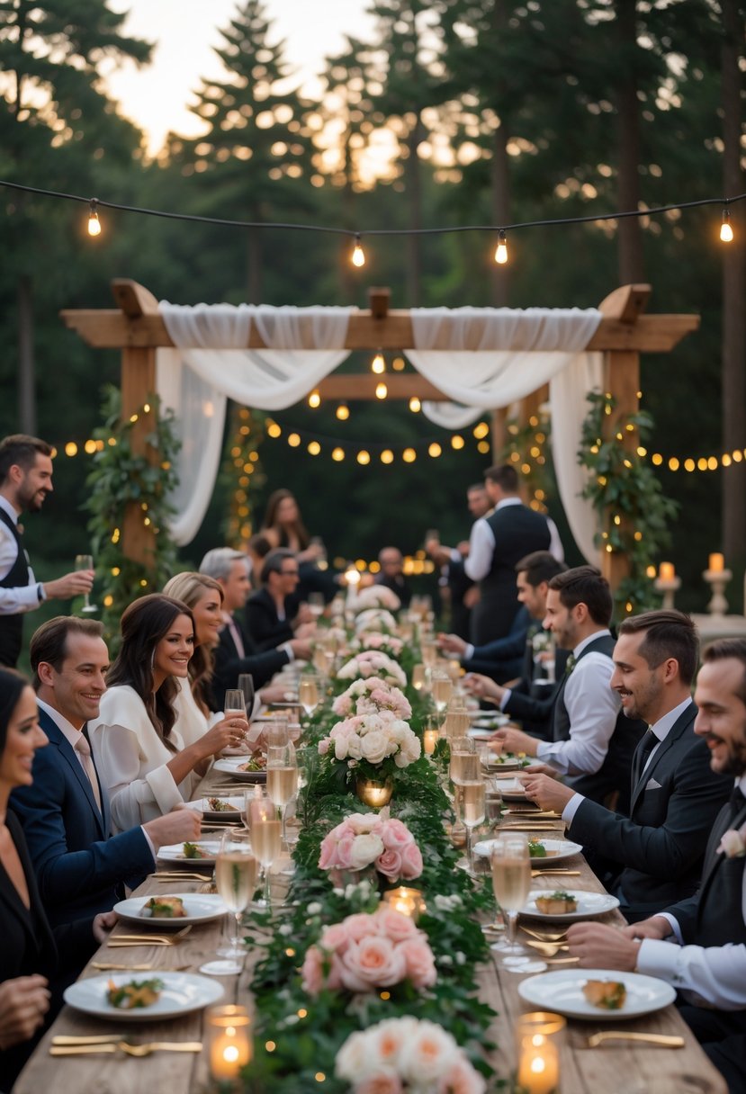 Guests enjoying an elegant outdoor wedding rehearsal dinner at a long decorated table with flowers, lights, and trees around.