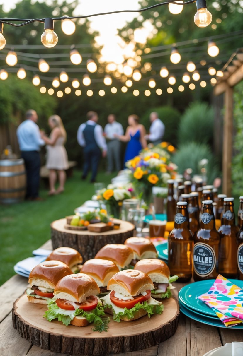 People enjoying a backyard BBQ with gourmet sliders and craft beers at a wedding rehearsal dinner outdoors.