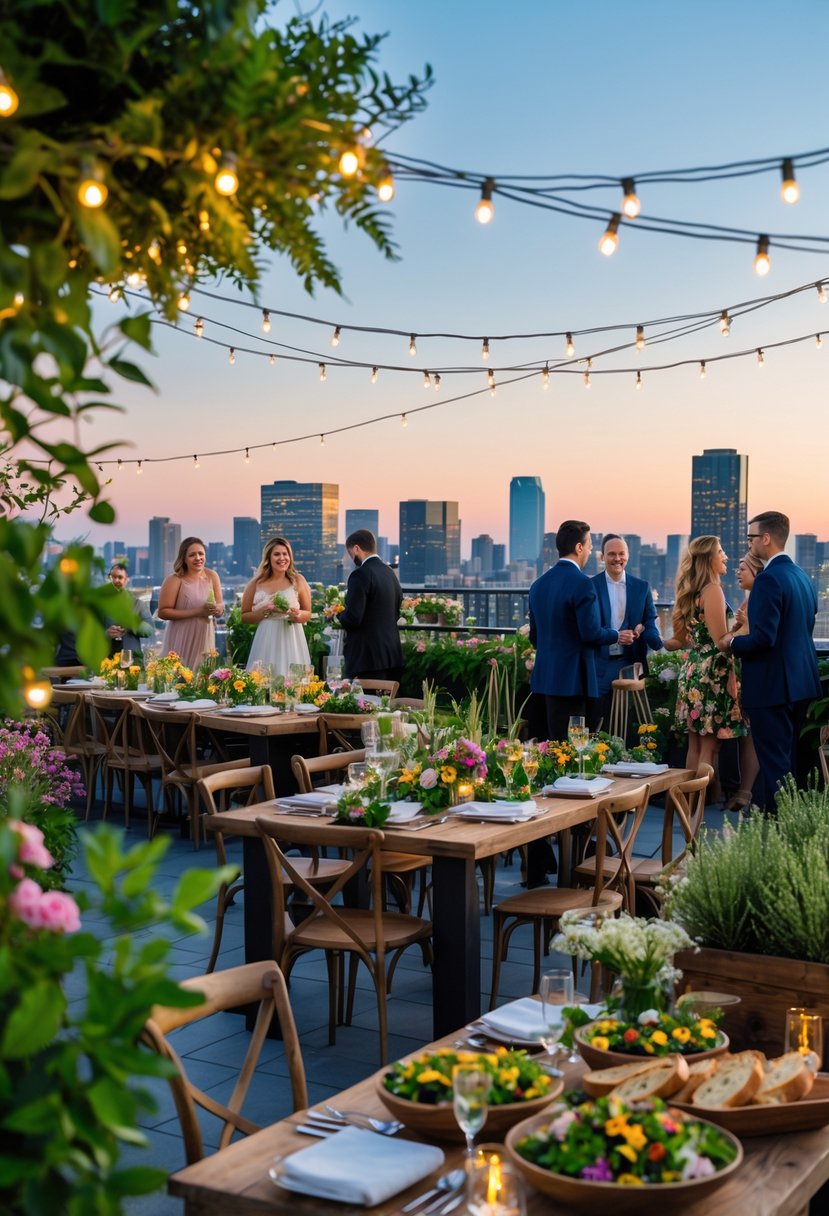 A rooftop garden party with fairy lights, fresh salads on tables, and guests enjoying a wedding rehearsal dinner with a city skyline in the background.
