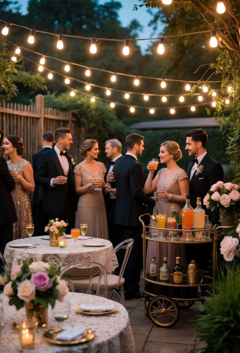Guests dressed in vintage clothing enjoying drinks at a decorated outdoor garden party during a wedding rehearsal dinner.