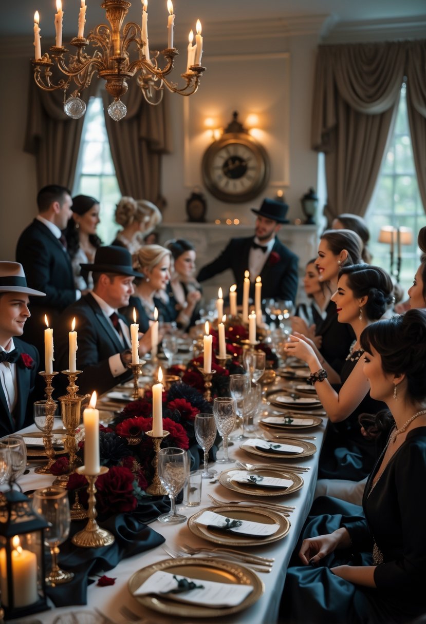 Guests in elegant attire gathered around a long dining table decorated with candles and floral centerpieces, engaged in conversation at a themed murder mystery wedding rehearsal dinner.