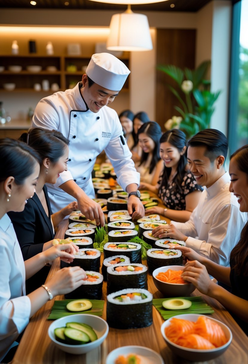 A sushi chef teaching a group of people how to make sushi rolls around a table during a wedding rehearsal dinner.