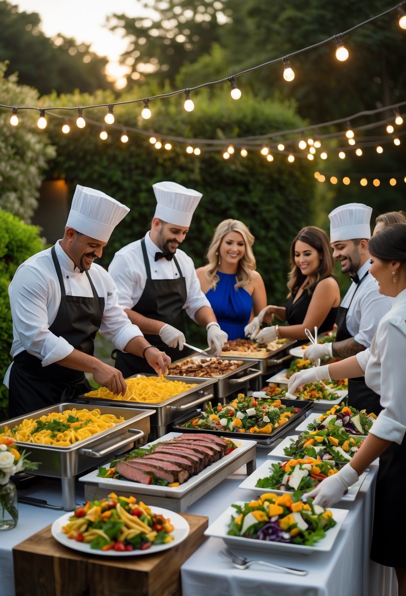 Guests enjoying interactive food stations at an outdoor wedding rehearsal dinner with chefs serving pasta, meats, and salads in a garden setting.
