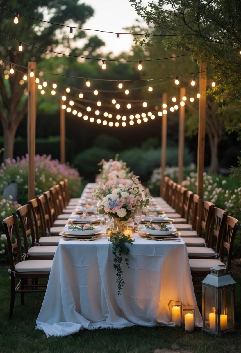 An outdoor garden party setup with a long table decorated for a wedding rehearsal dinner, illuminated by string lights and surrounded by greenery.