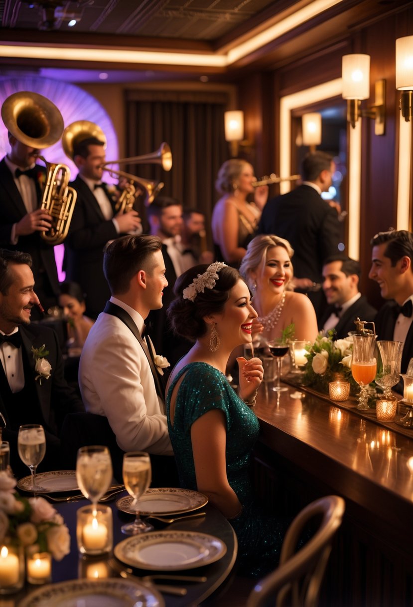 Guests in vintage 1920s clothing enjoying a wedding rehearsal dinner with live jazz music and classic cocktails in a warmly lit room.