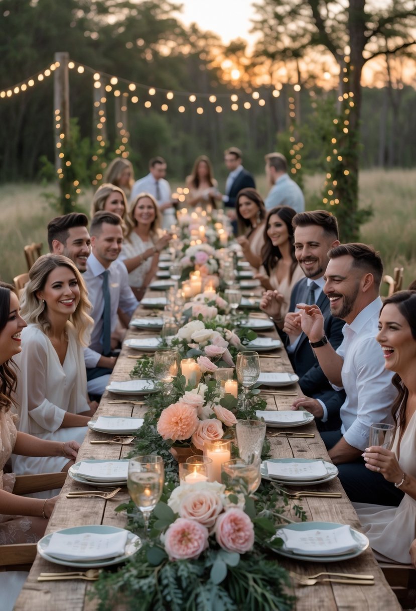 Guests enjoying a beautifully decorated outdoor wedding rehearsal dinner at sunset around a long table with flowers and lights.