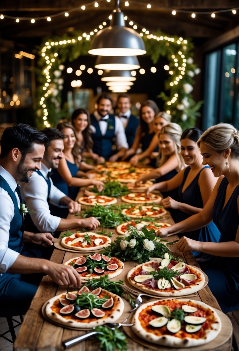 Couples and friends making pizzas together at a decorated table with various fresh toppings during a wedding rehearsal dinner.