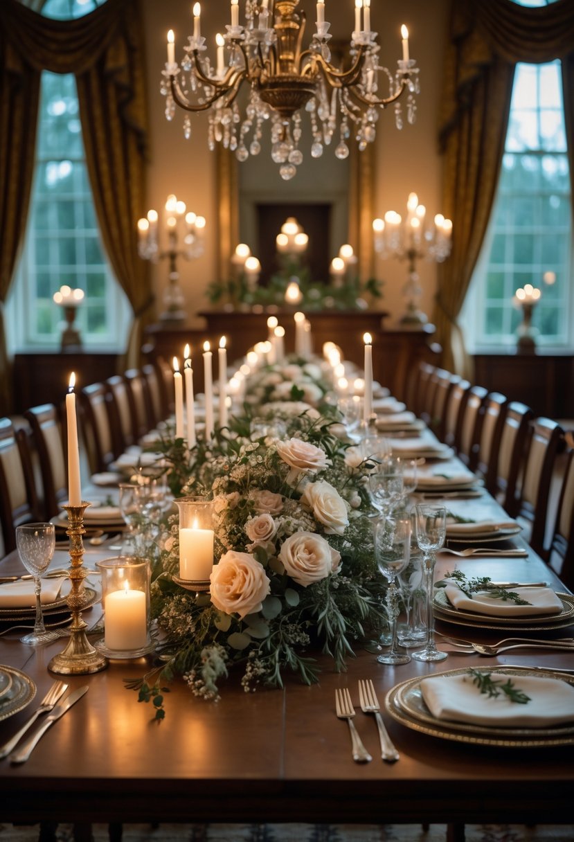A beautifully set candlelit dinner table inside a historic mansion dining room with flowers and elegant tableware.