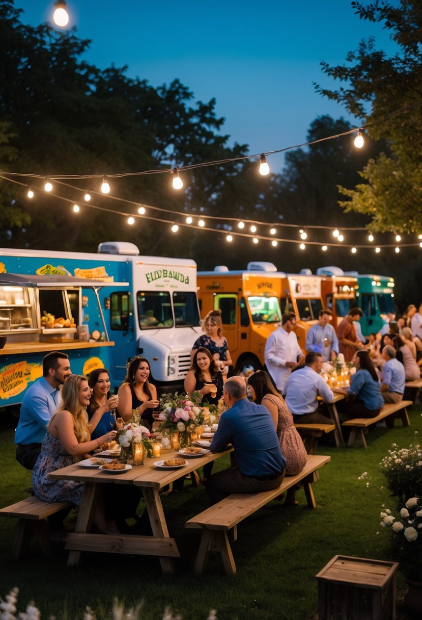 People enjoying a variety of foods from multiple food trucks at an outdoor wedding rehearsal dinner with tables and string lights.