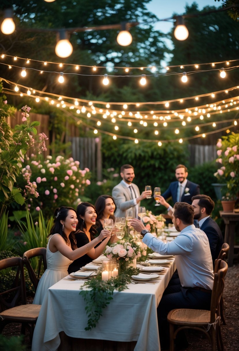 An intimate outdoor garden party with string lights, a long table set for dinner, and guests enjoying a celebration surrounded by plants and flowers.