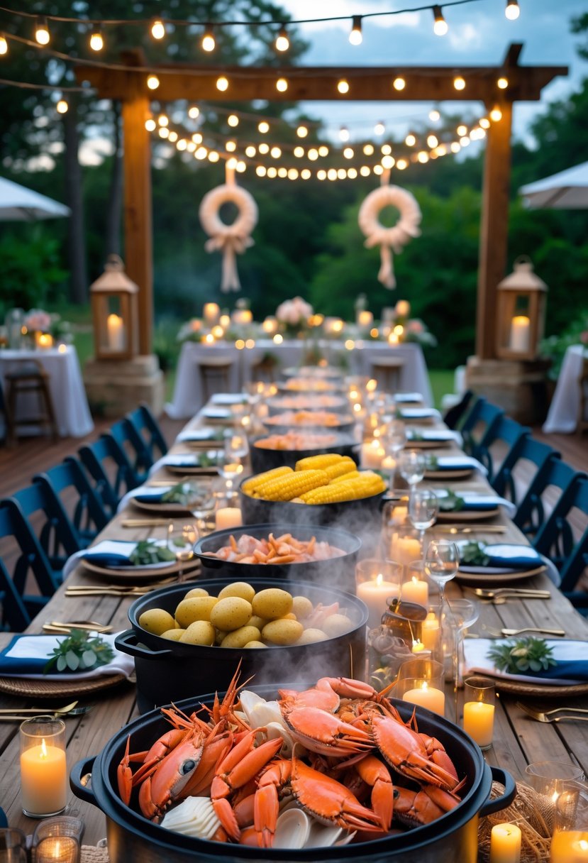 An outdoor deck with a large table set for a seafood boil, decorated with nautical-themed items and surrounded by greenery.