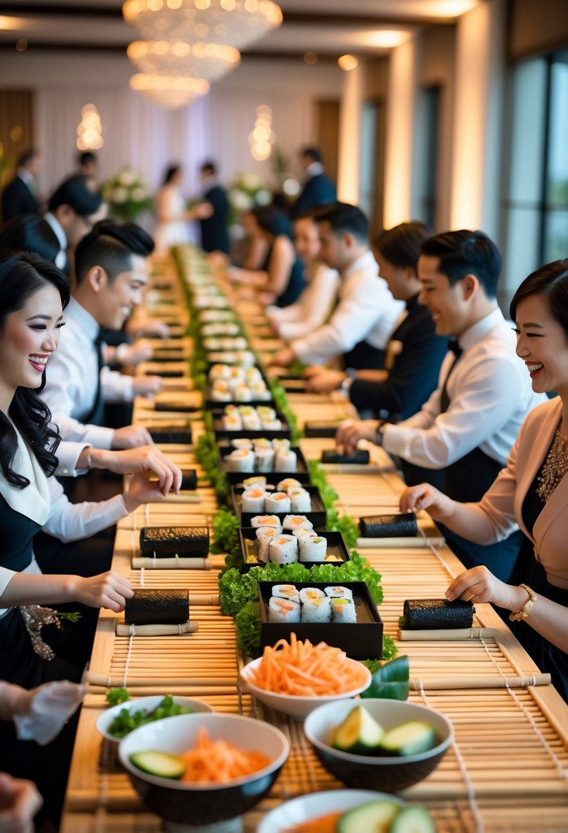 Guests participating in a sushi rolling workshop at a wedding rehearsal dinner, with ingredients and bamboo mats on a wooden table.