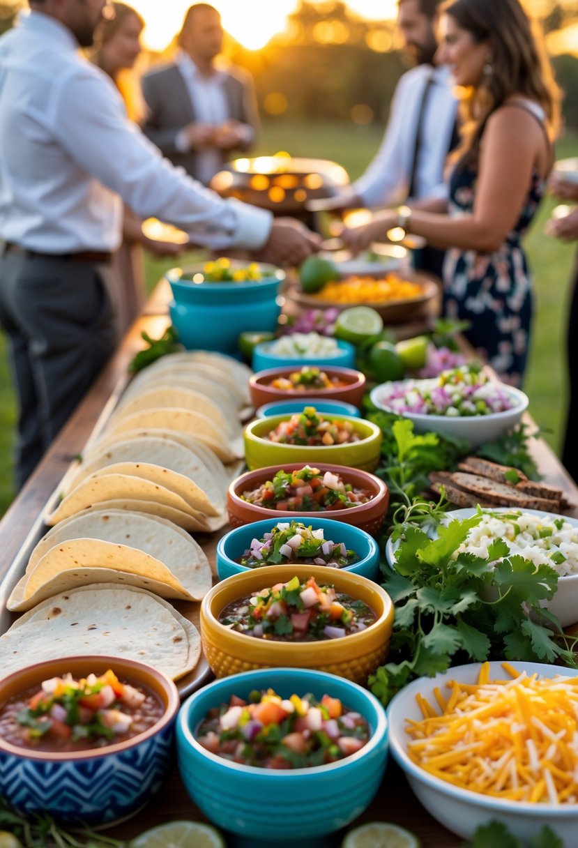 A taco bar with bowls of various salsas, tortillas, grilled meats, and fresh toppings arranged on a decorated table with people serving themselves.